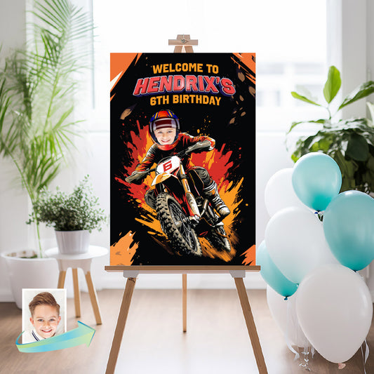 Personalized Dirt Bike Birthday Welcome Sign Featuring Kid as Motocross Rider. 2494WS3