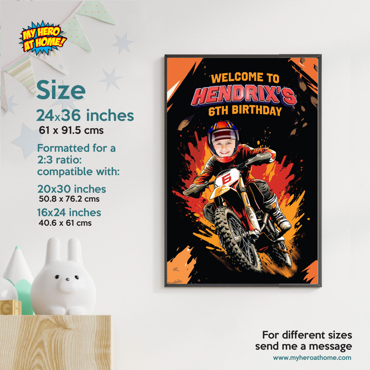 Personalized Dirt Bike Birthday Welcome Sign Featuring Kid as Motocross Rider. 2494WS3