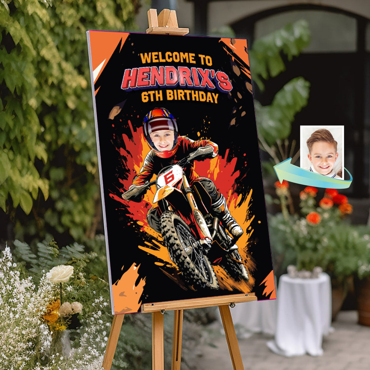 Personalized Dirt Bike Birthday Welcome Sign Featuring Kid as Motocross Rider. 2494WS3