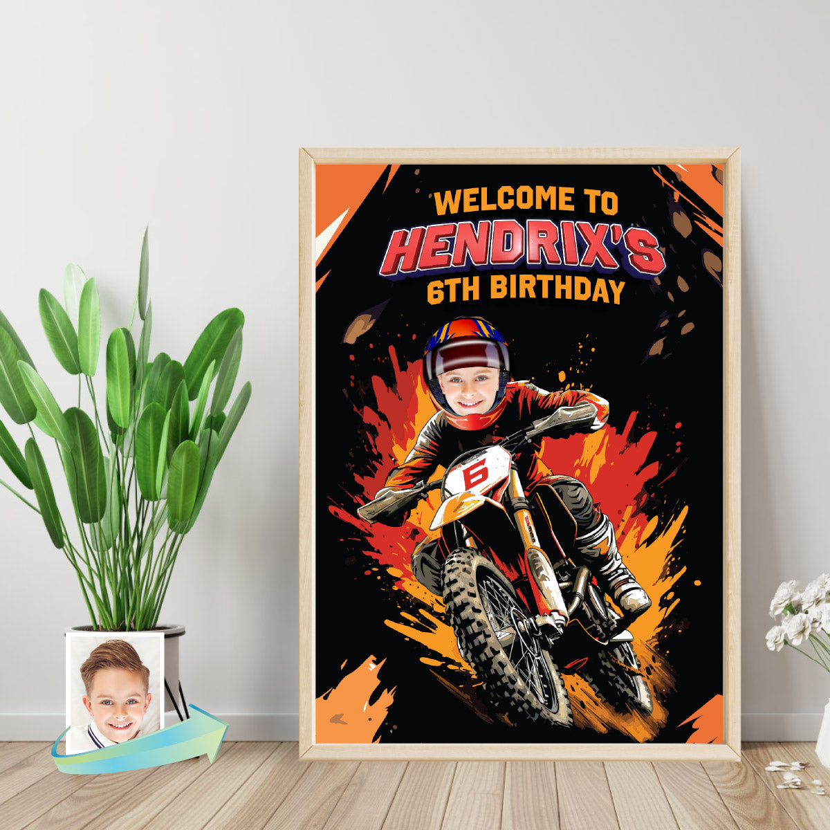 Personalized Dirt Bike Birthday Welcome Sign Featuring Kid as Motocross Rider. 2494WS3