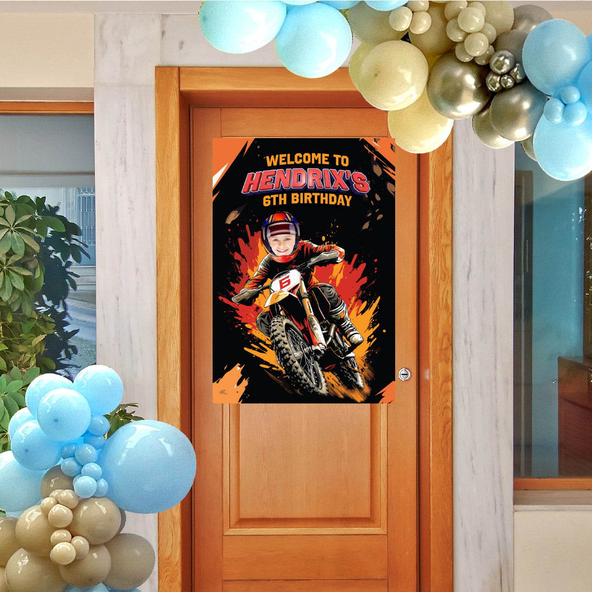 Personalized Dirt Bike Birthday Welcome Sign Featuring Kid as Motocross Rider. 2494WS3