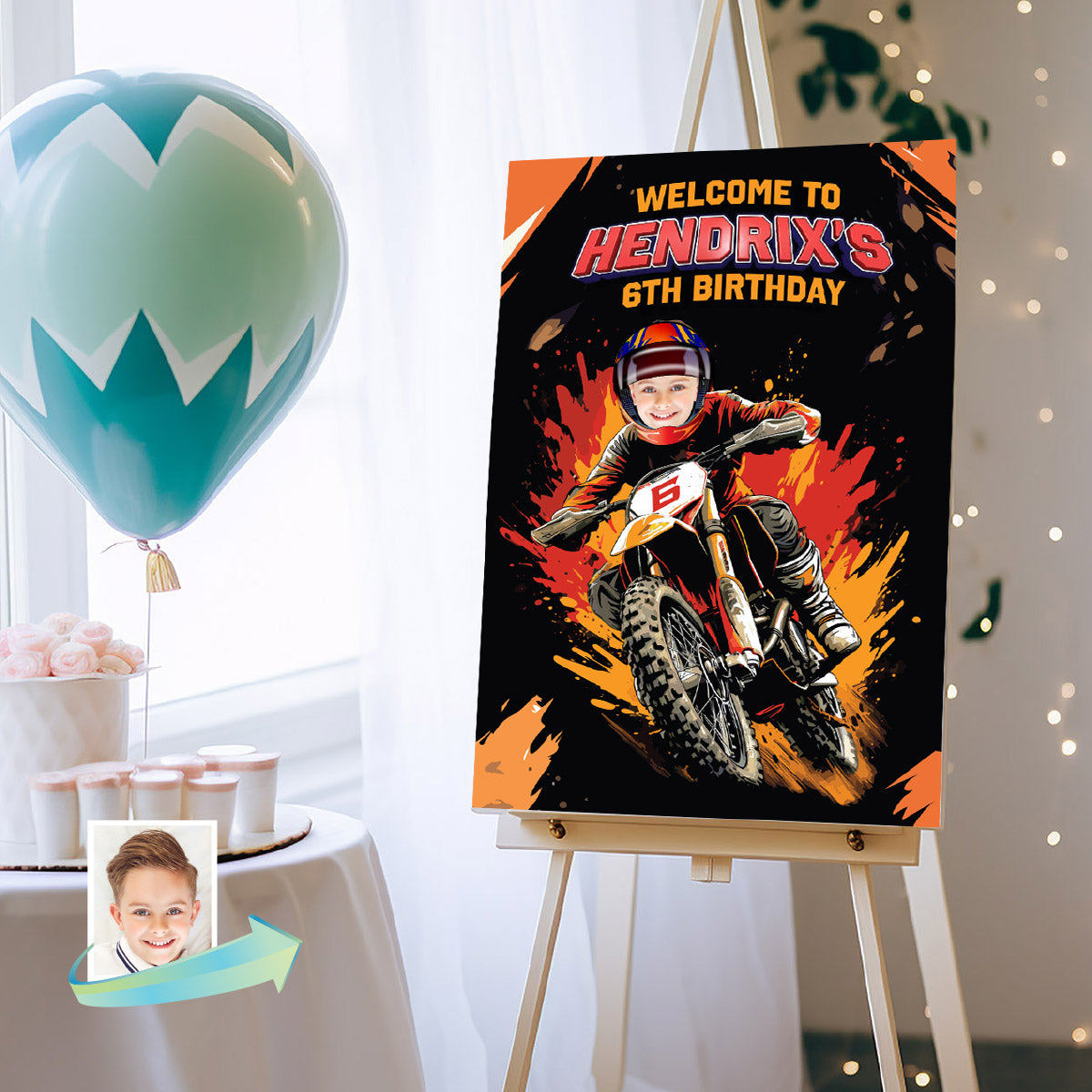 Personalized Dirt Bike Birthday Welcome Sign Featuring Kid as Motocross Rider. 2494WS3