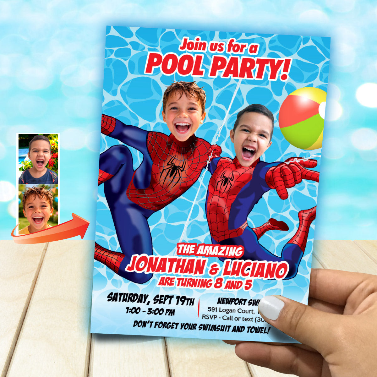 Personalized Two Spider-Man Siblings Pool Party Invitation with children as the Stars. 2496
