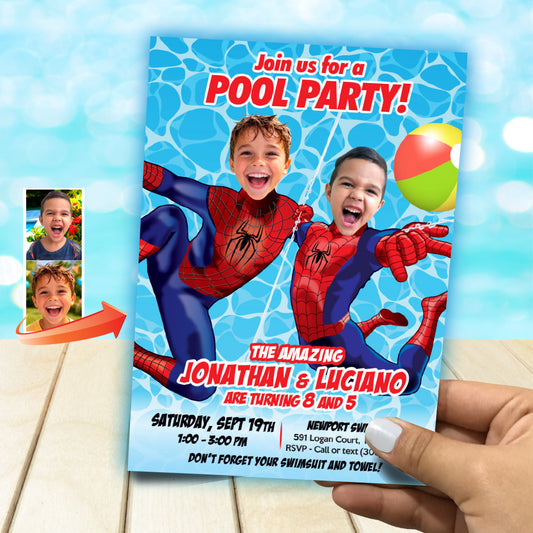 Personalized Two Spider-Man Siblings Pool Party Invitation with children as the Stars. 2496