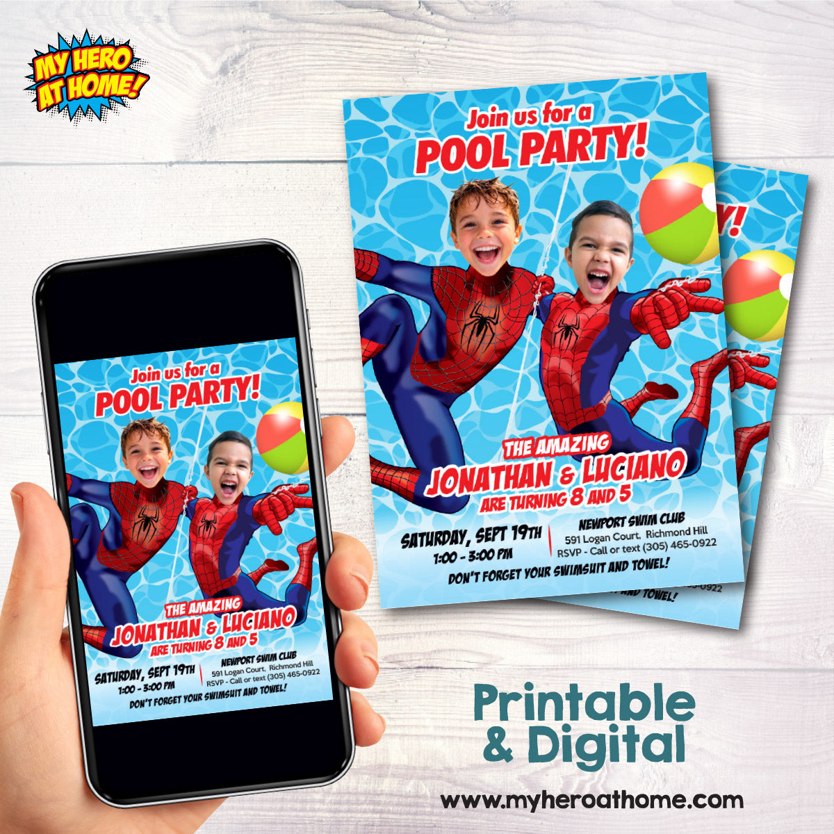 Personalized Two Spider-Man Siblings Pool Party Invitation with children as the Stars. 2496