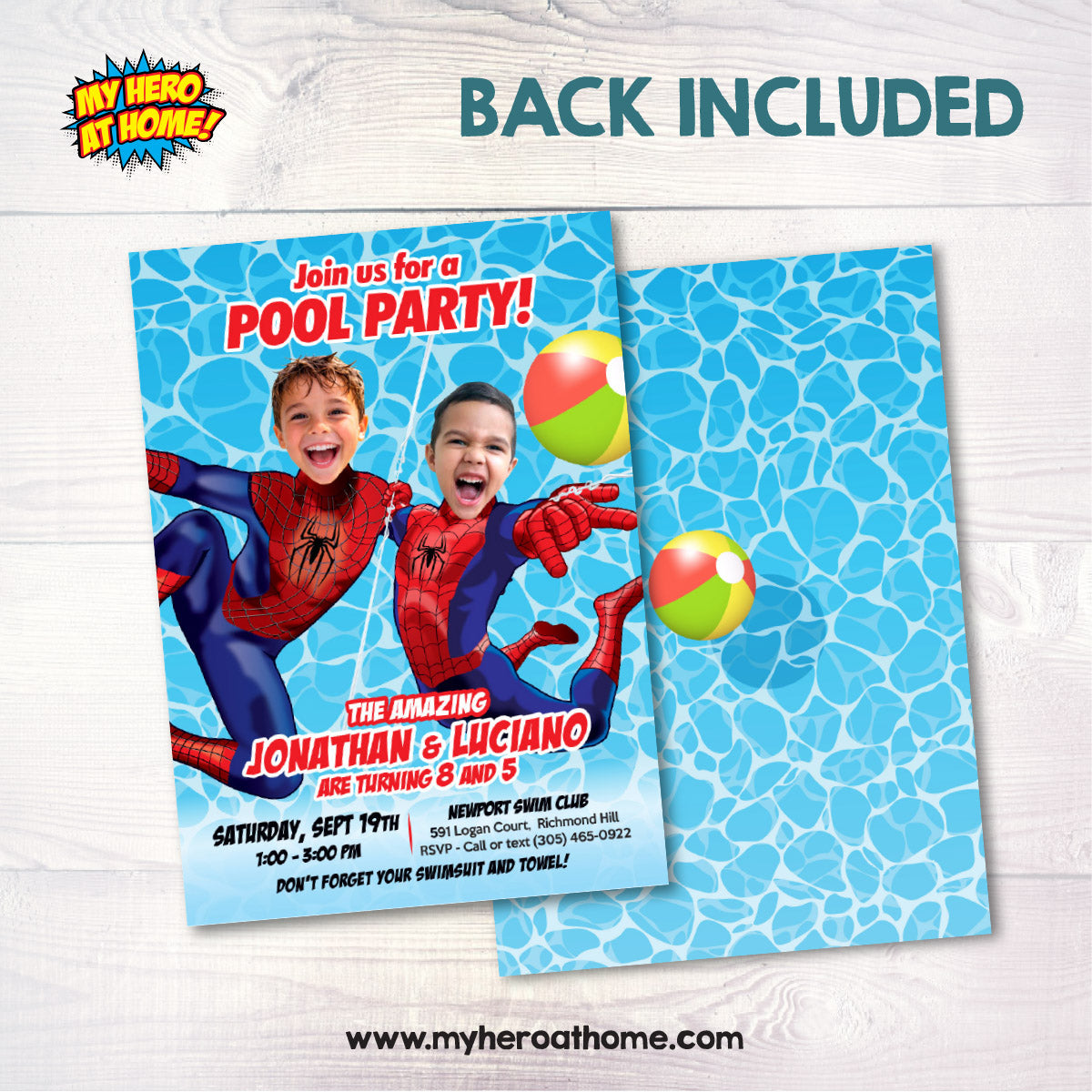 Personalized Two Spider-Man Siblings Pool Party Invitation with children as the Stars. 2496