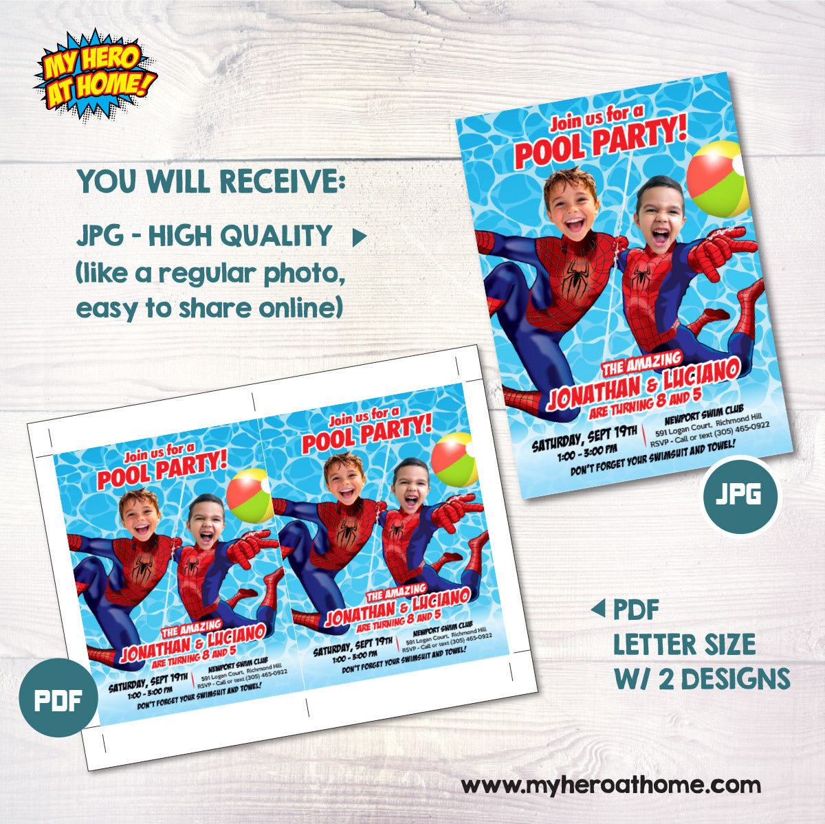 Personalized Two Spider-Man Siblings Pool Party Invitation with children as the Stars. 2496