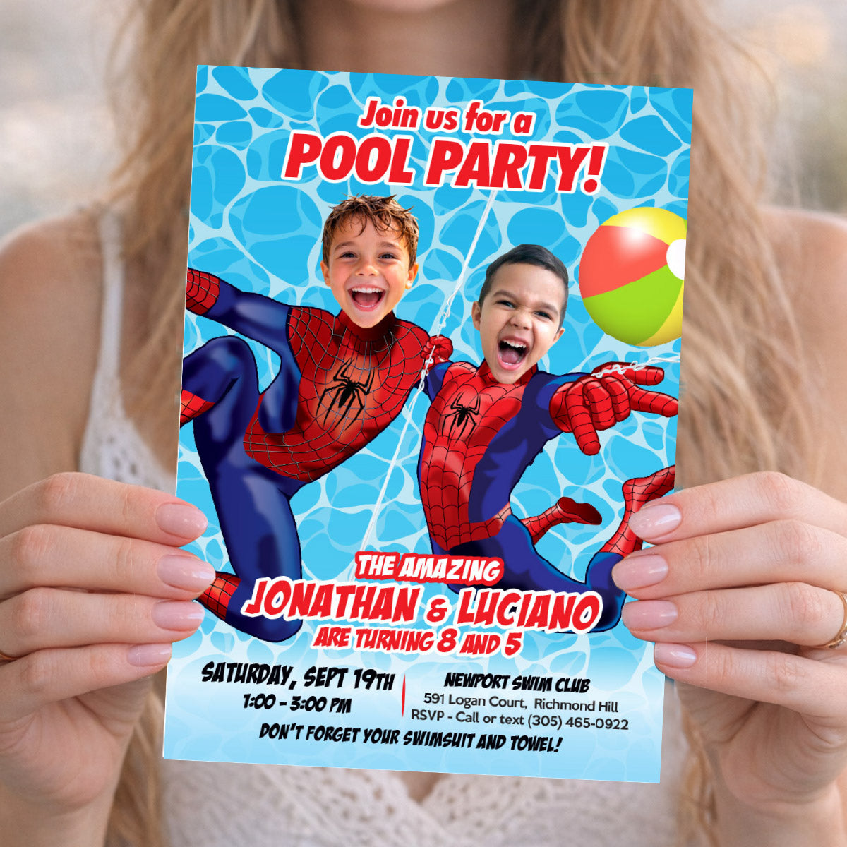 Personalized Two Spider-Man Siblings Pool Party Invitation with children as the Stars. 2496