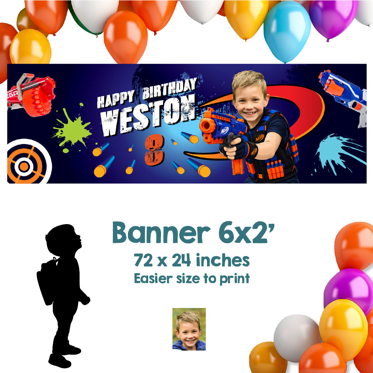 Personalized Nerf Battle Birthday Banner 6x2 ft with Kid as the Star. 2497BBH