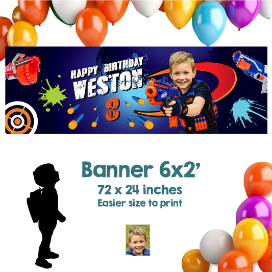 Personalized Nerf Battle Birthday Banner 6x2 ft with Kid as the Star. 2497BBH