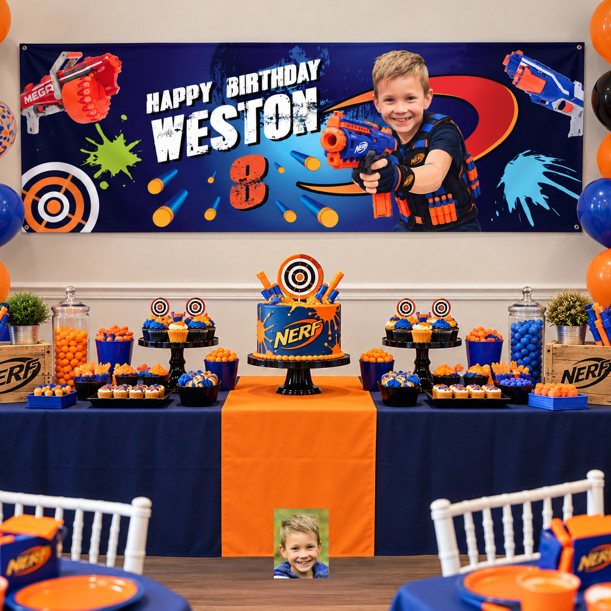 Personalized Nerf Battle Birthday Banner 6x2 ft with Kid as the Star. 2497BBH