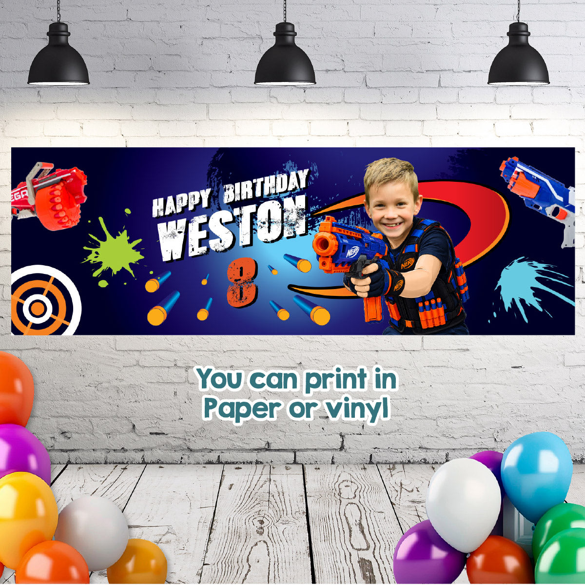 Personalized Nerf Battle Birthday Banner 6x2 ft with Kid as the Star. 2497BBH