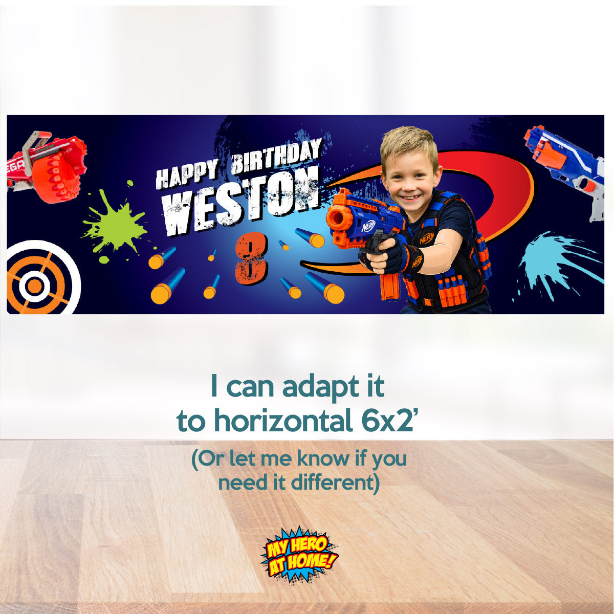 Personalized Nerf Battle Birthday Banner 6x2 ft with Kid as the Star. 2497BBH