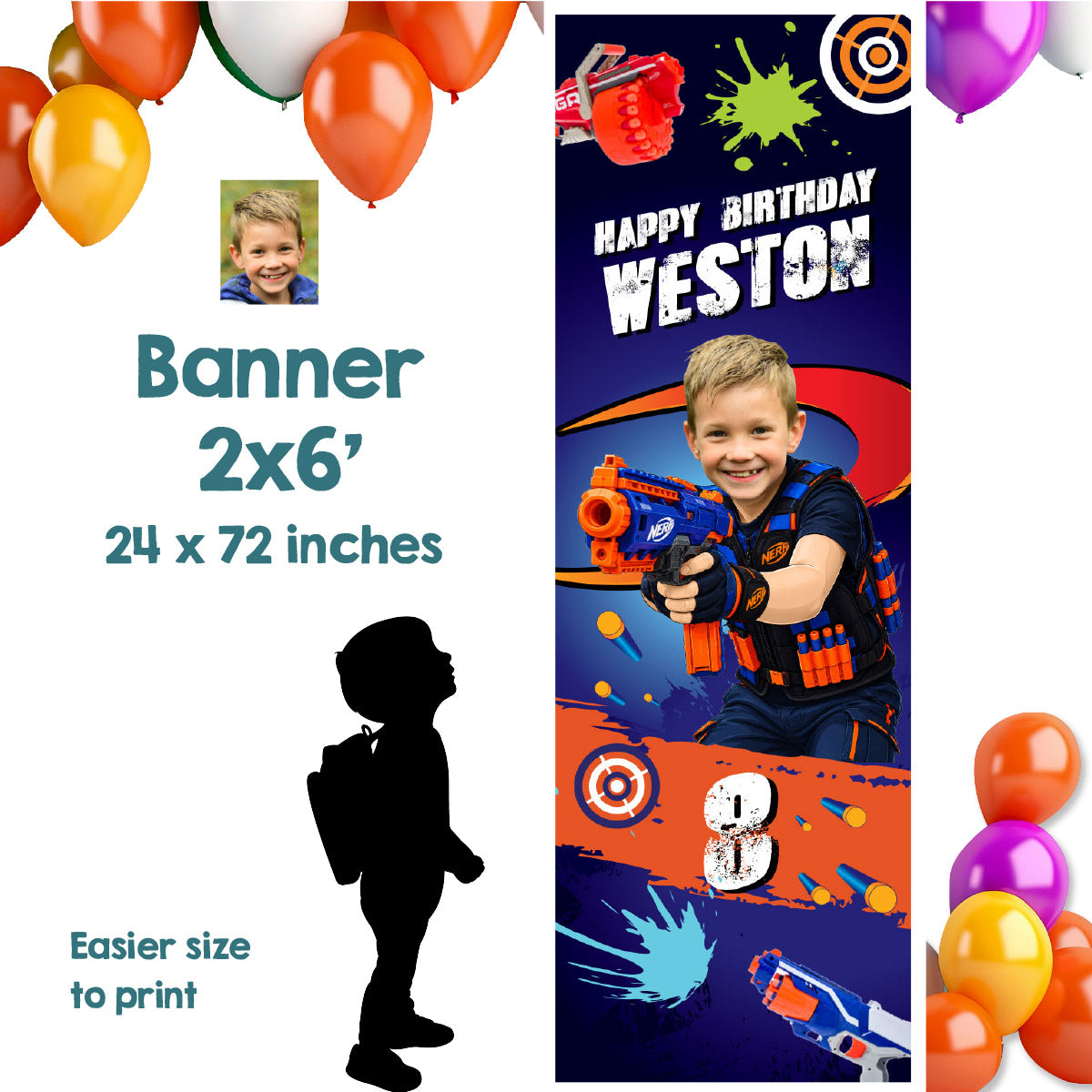 Personalized Nerf Battle Birthday Vertical Banner 2x6 ft with Child as the Star. 2497BBV