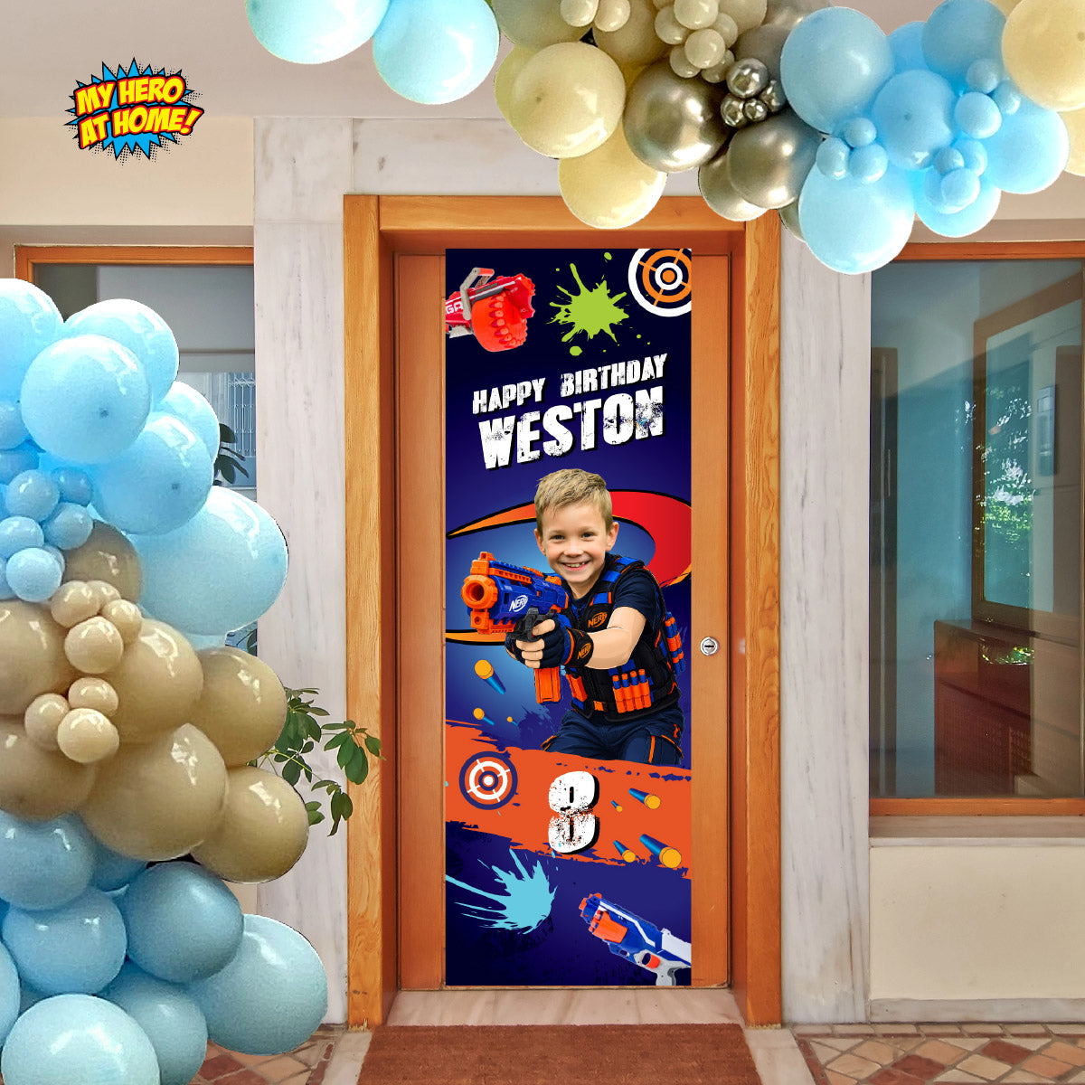 Personalized Nerf Battle Birthday Vertical Banner 2x6 ft with Child as the Star. 2497BBV