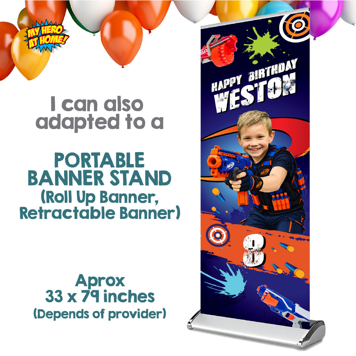 Personalized Nerf Battle Birthday Vertical Banner 2x6 ft with Child as the Star. 2497BBV
