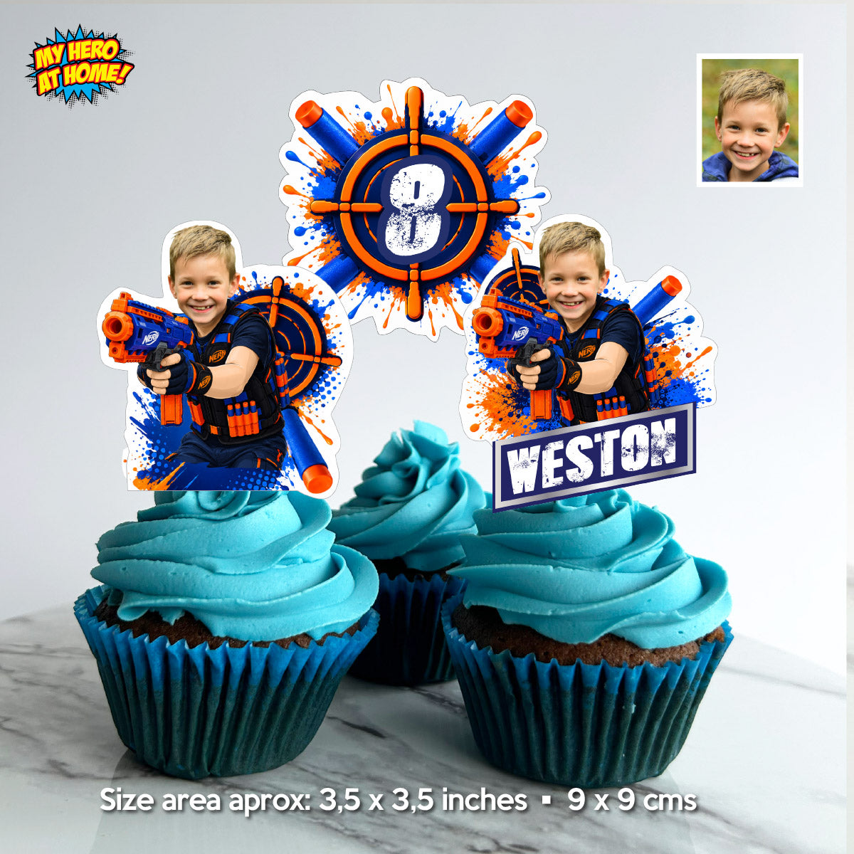 Nerf Gun Cupcake Toppers Personalized with Birthday Kid as the Star Nerfer. 2497CK