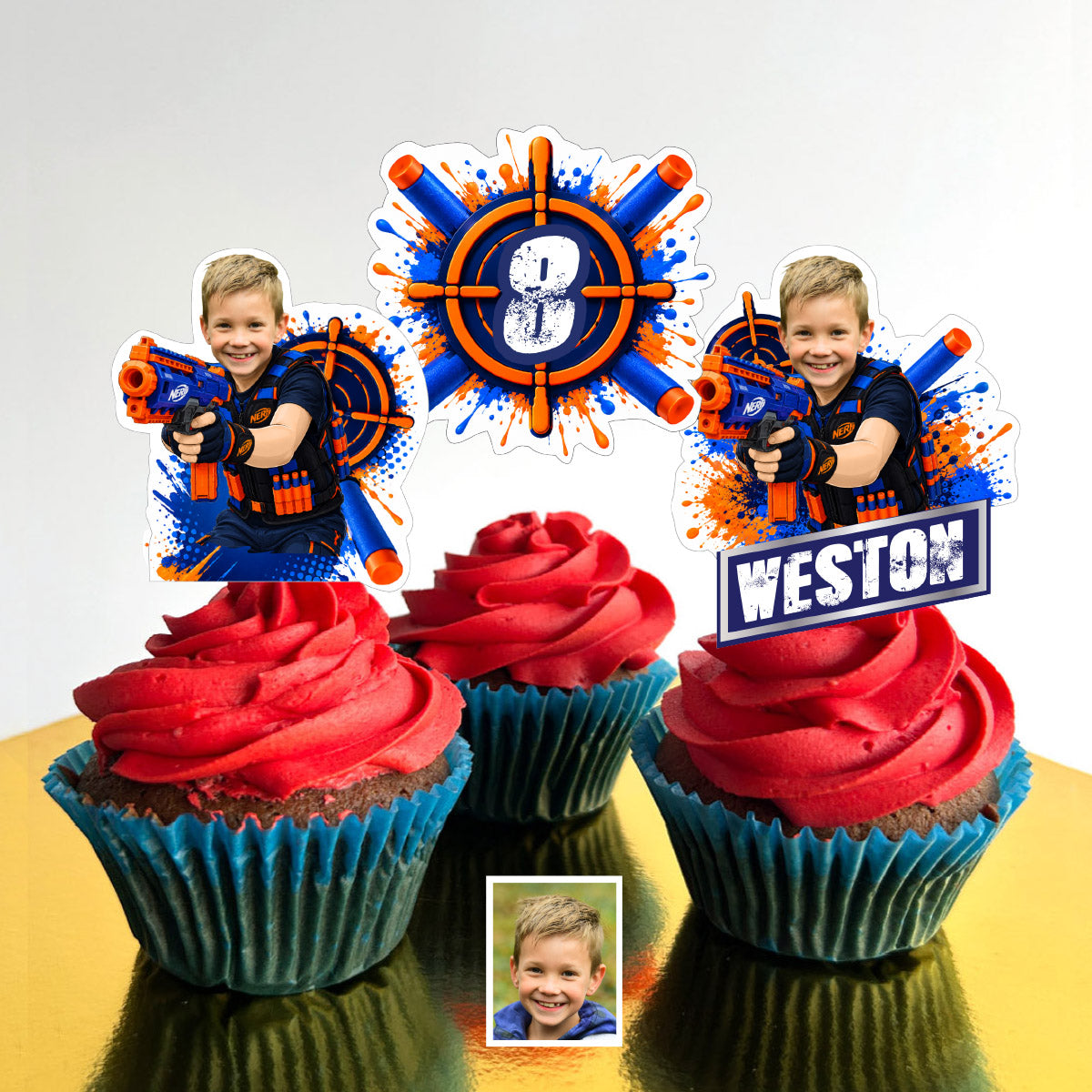 Nerf Gun Cupcake Toppers Personalized with Birthday Kid as the Star Nerfer. 2497CK