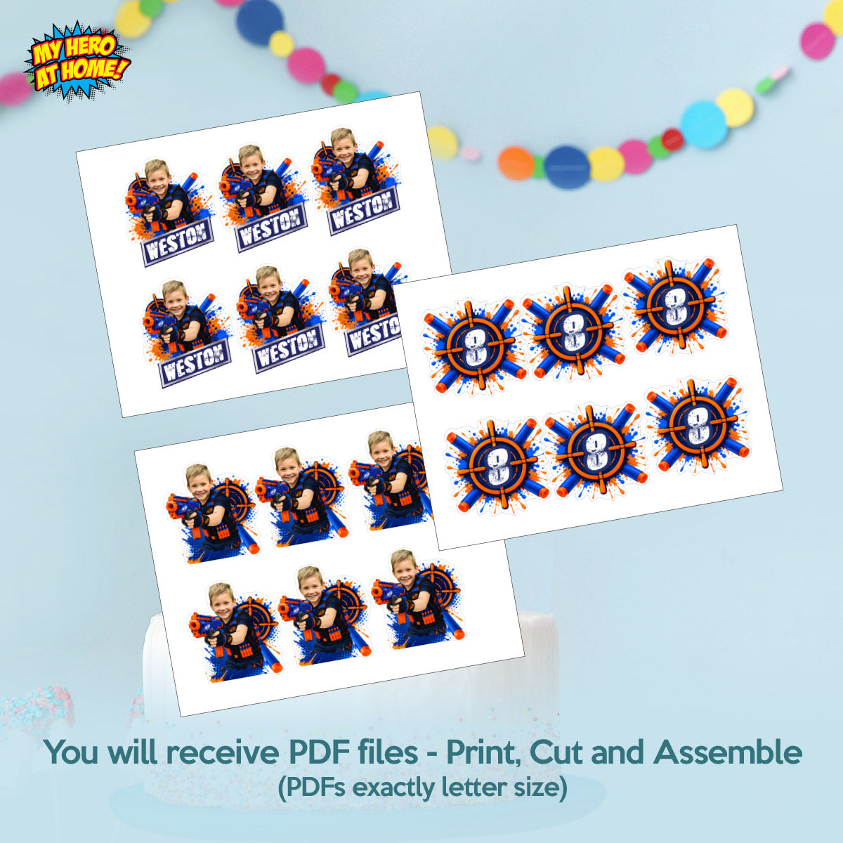 Nerf Gun Cupcake Toppers Personalized with Birthday Kid as the Star Nerfer. 2497CK