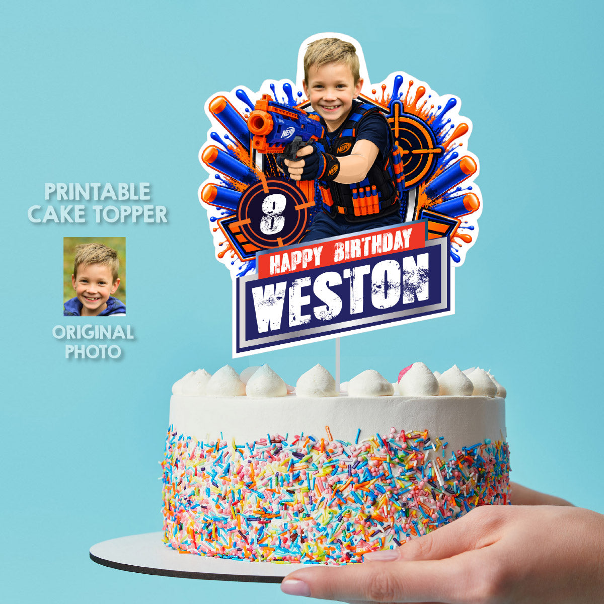 Personalized Nerf Birthday Cake Topper with Kid as the Star Nerfer. 2497CT