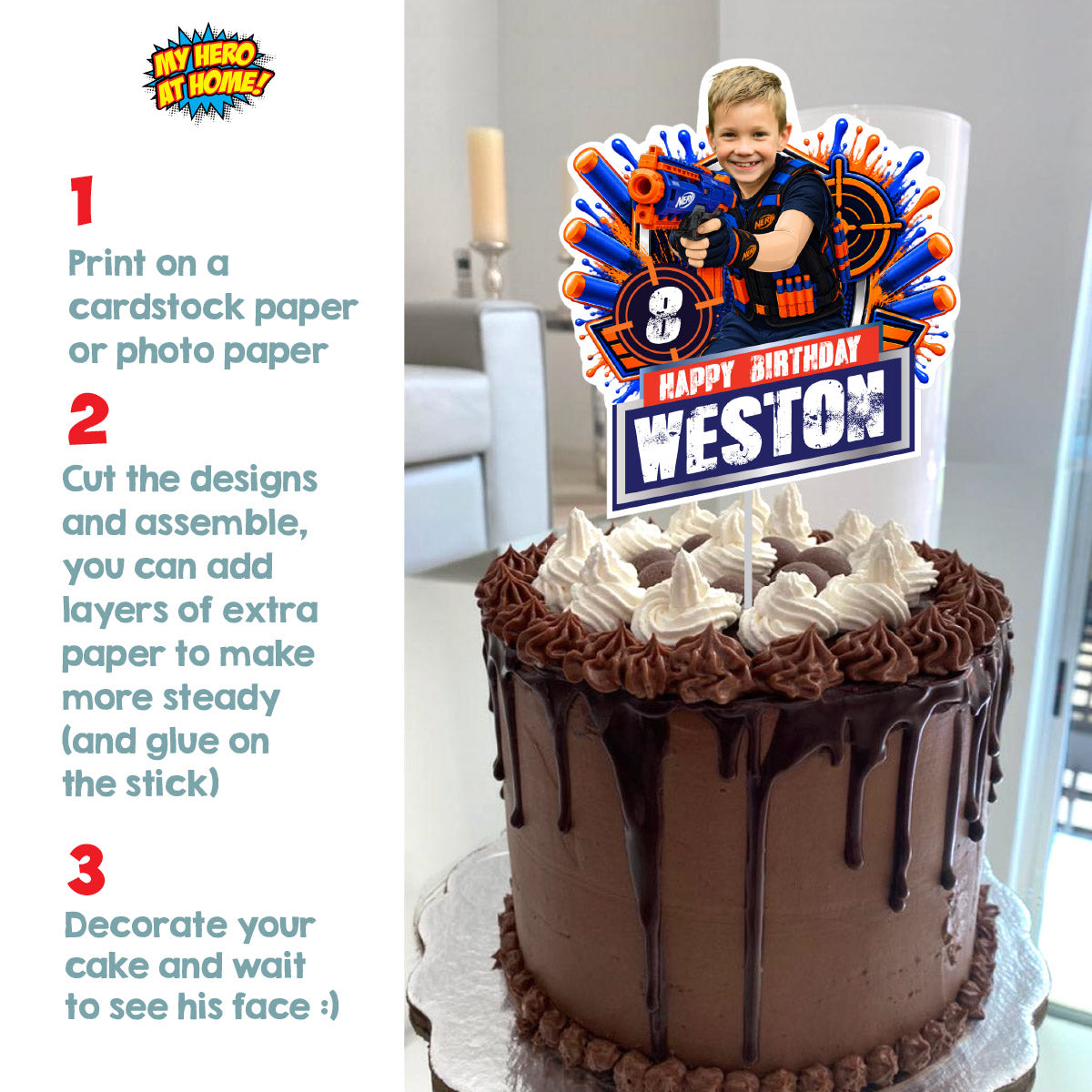 Personalized Nerf Birthday Cake Topper with Kid as the Star Nerfer. 2497CT