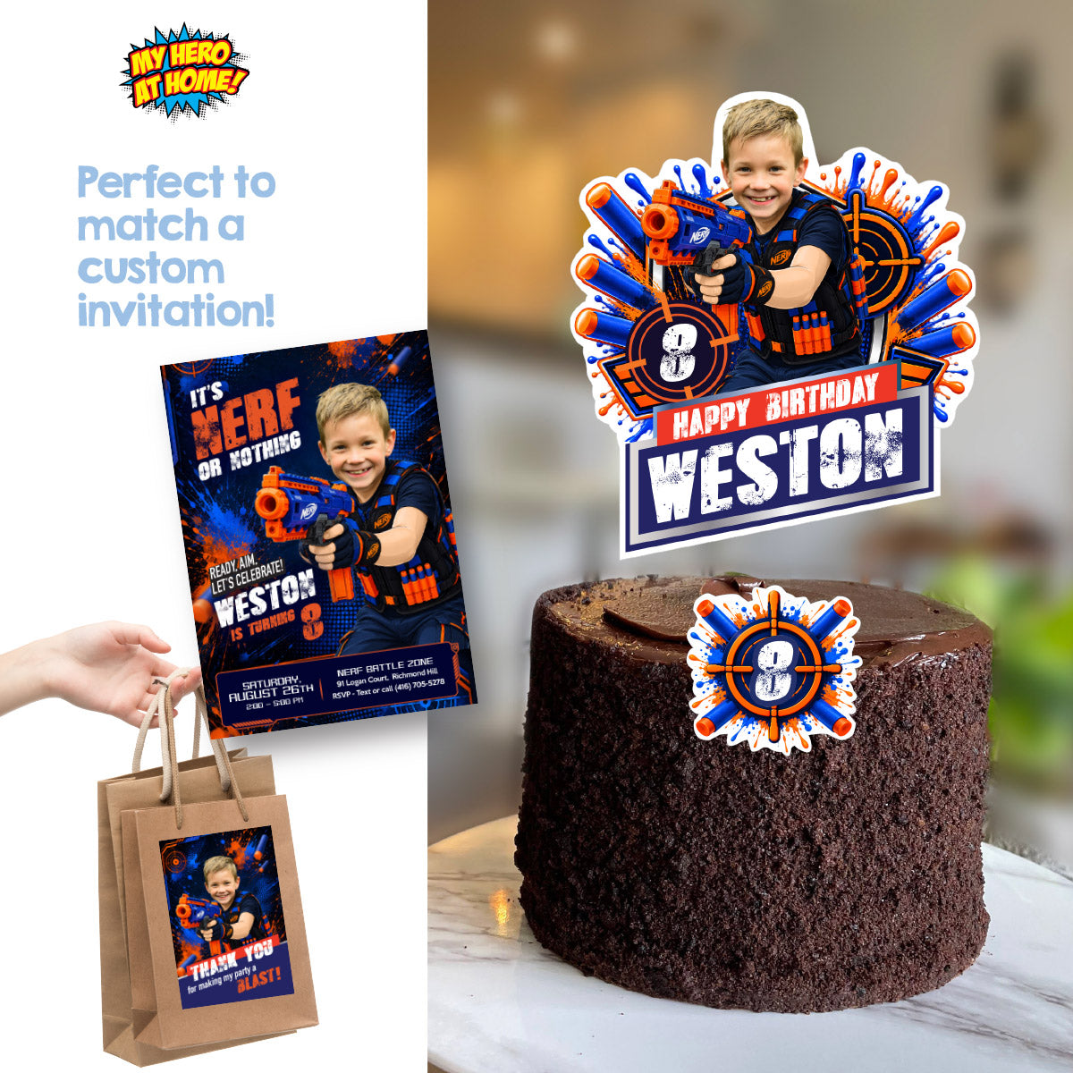 Personalized Nerf Birthday Cake Topper with Kid as the Star Nerfer. 2497CT