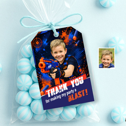 Personalized Nerf Battle Thank You and Favor Tags with Kid as the Star Nerfer. 2497TY
