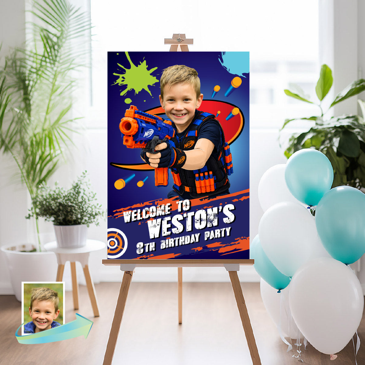 Personalized Nerf Battle Birthday Welcome Sign with Your Child as the Ultimate Battle Champion. 2497WS
