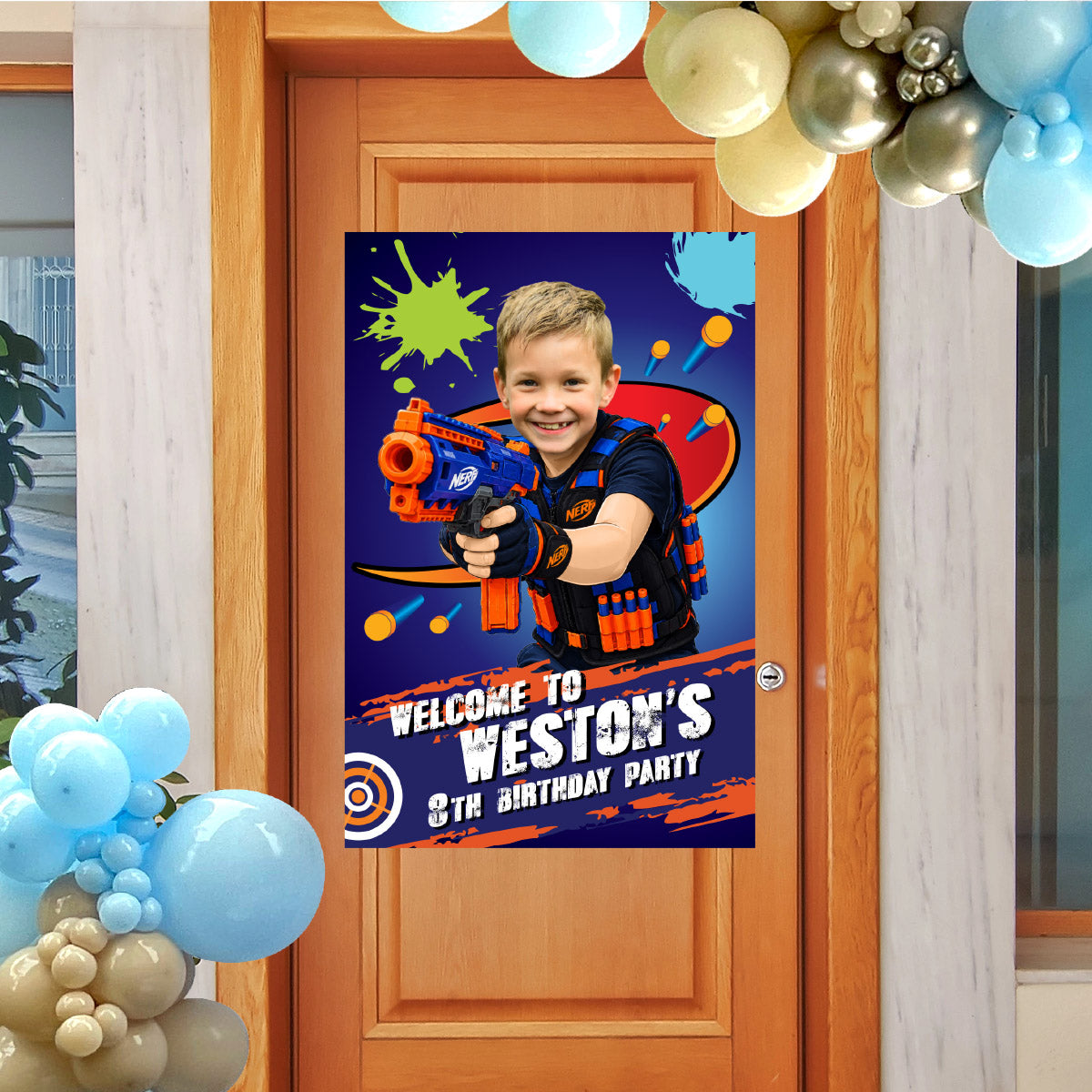 Personalized Nerf Battle Birthday Welcome Sign with Your Child as the Ultimate Battle Champion. 2497WS
