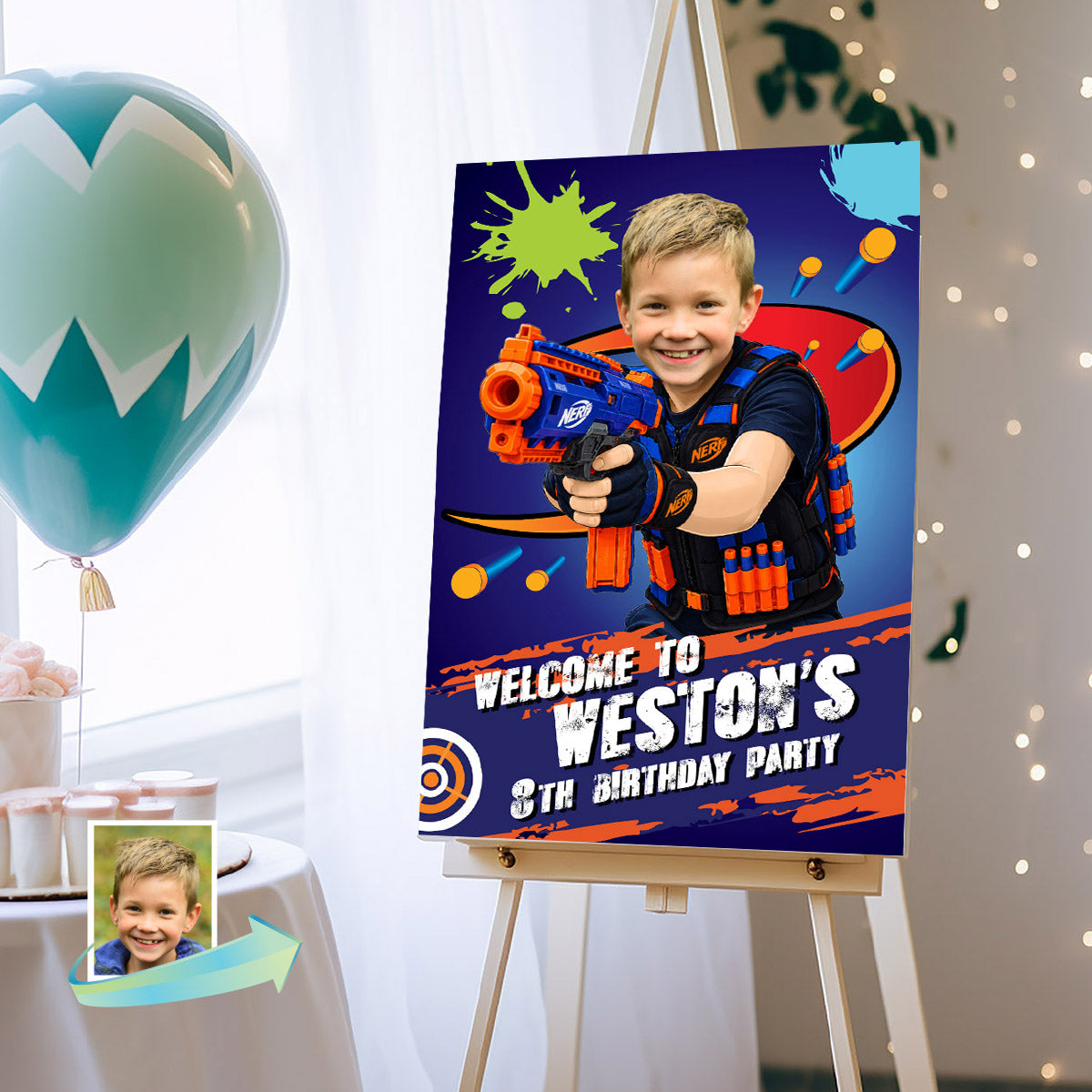 Personalized Nerf Battle Birthday Welcome Sign with Your Child as the Ultimate Battle Champion. 2497WS