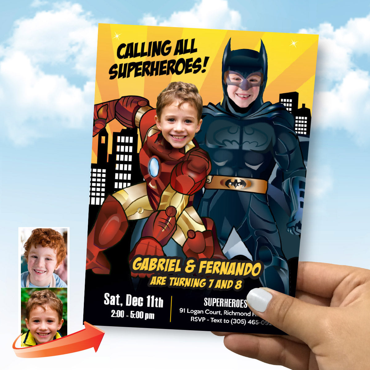 Batman and Iron Man Birthday Party Invitation With Children As The Superheroes. 2498IN