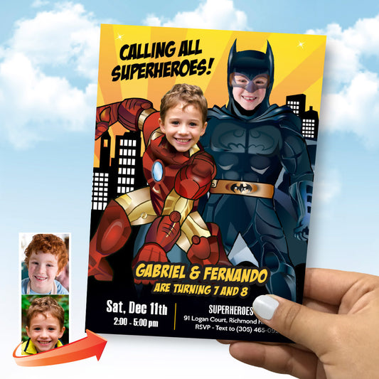Batman and Iron Man Birthday Party Invitation With Children As The Superheroes. 2498IN