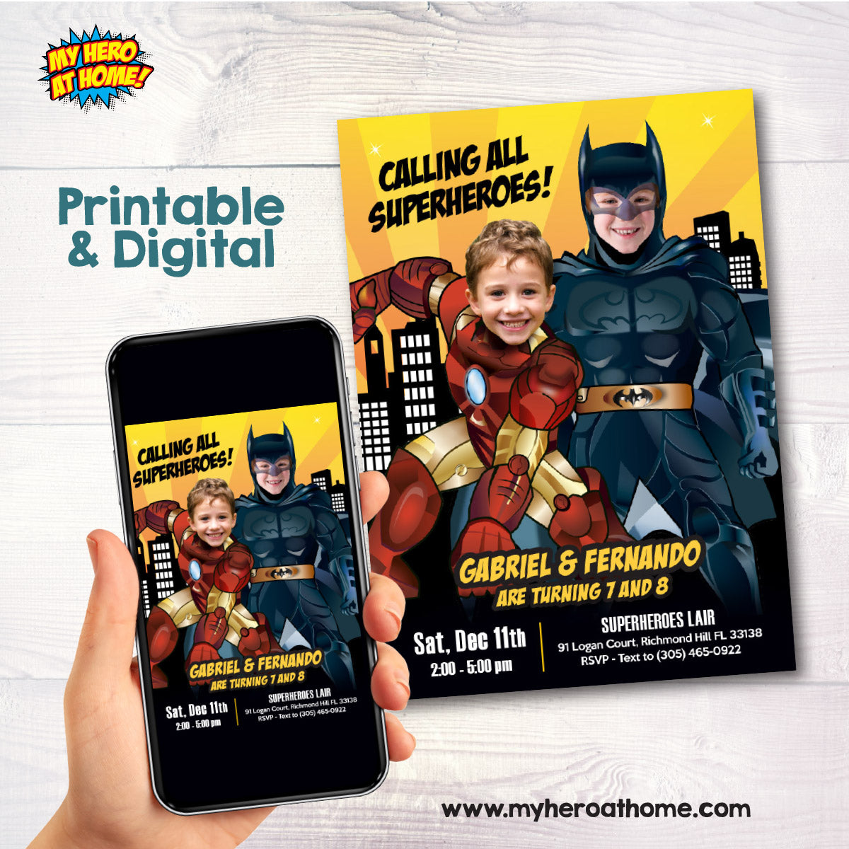 Batman and Iron Man Birthday Party Invitation With Children As The Superheroes. 2498IN