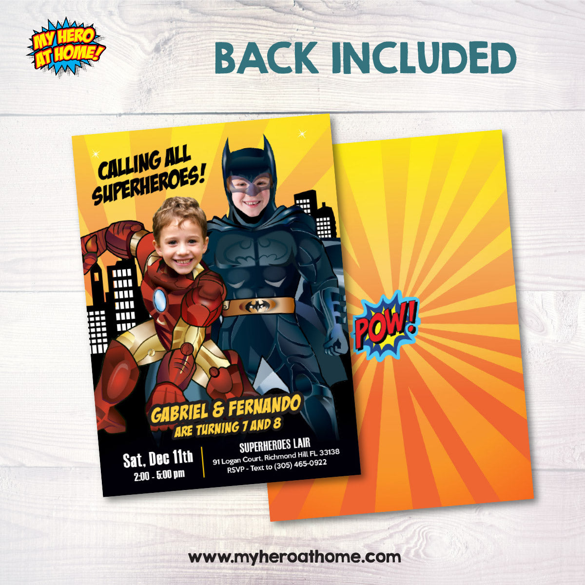 Batman and Iron Man Birthday Party Invitation With Children As The Superheroes. 2498IN