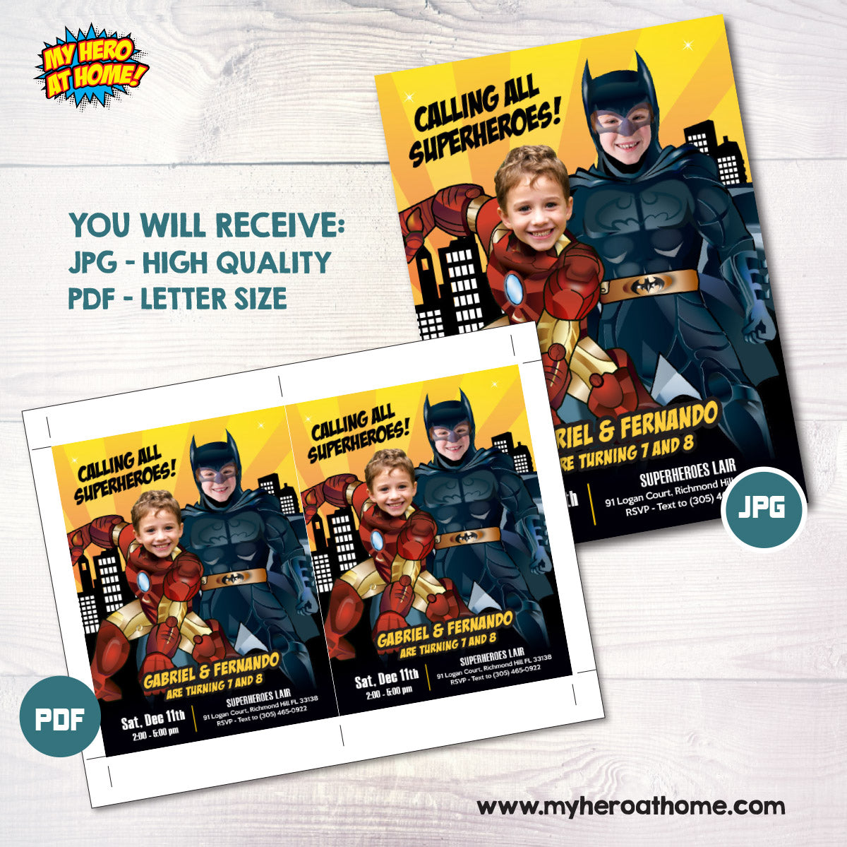 Batman and Iron Man Birthday Party Invitation With Children As The Superheroes. 2498IN