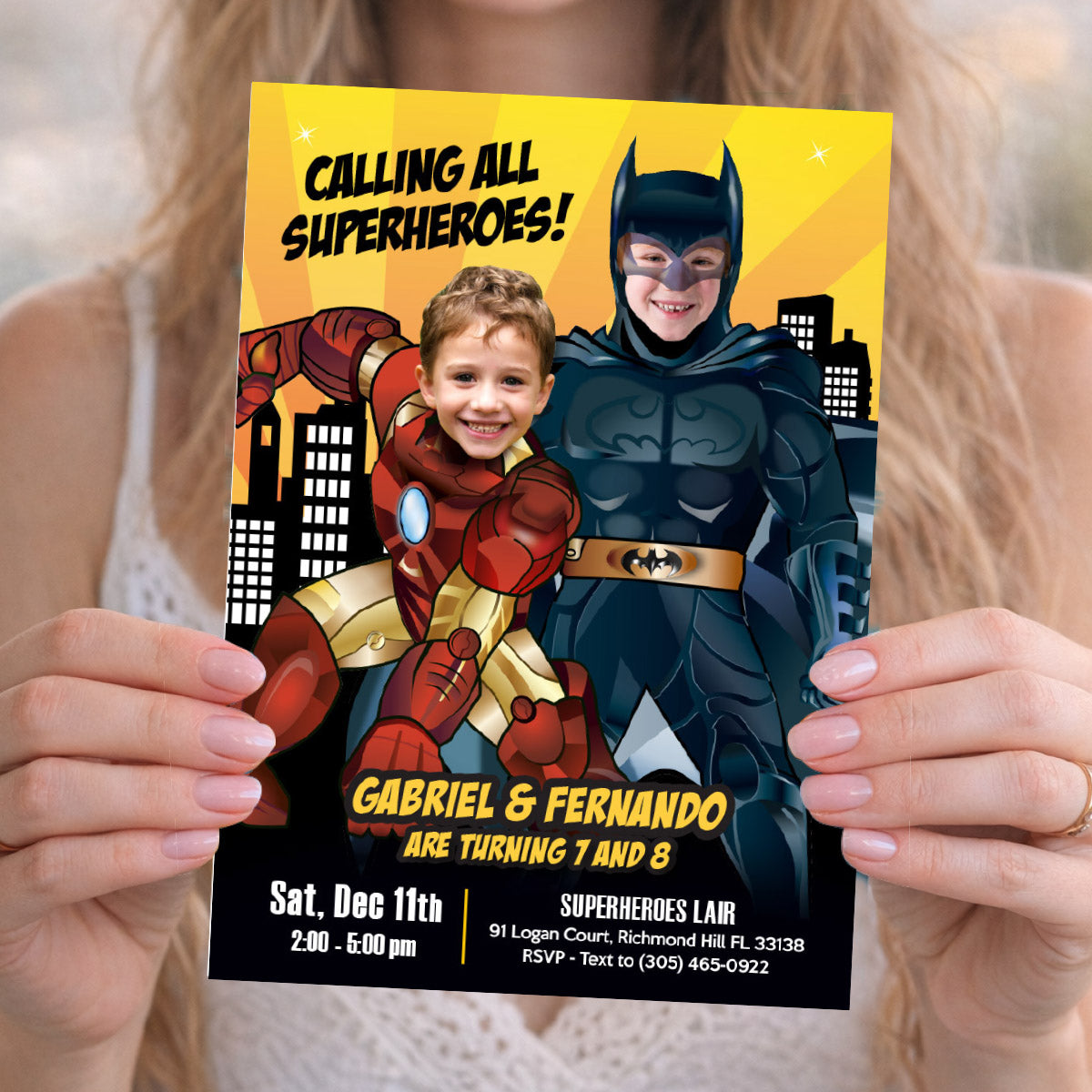 Batman and Iron Man Birthday Party Invitation With Children As The Superheroes. 2498IN