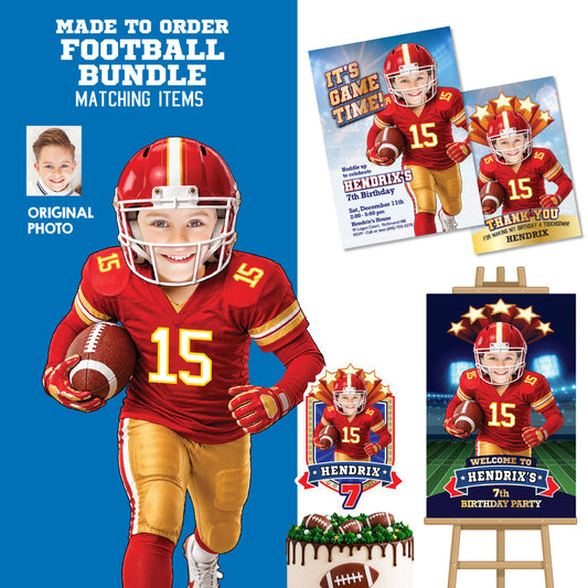 Bundle: Football Chiefs Birthday Decor, Invitation, Thanks Tags, Welcome, Cake Featuring Kid as the Star. 2499B2