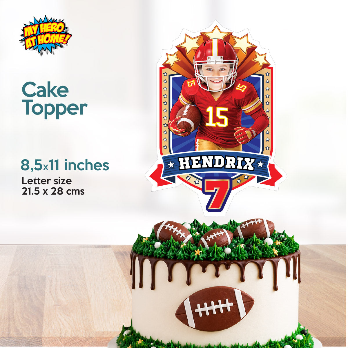 Bundle: Football Birthday Cake & Cupcake Toppers Featuring Kid as the Chiefs Player. 2499B5