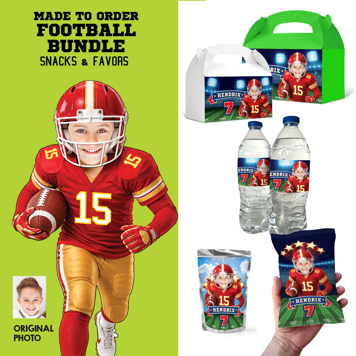 Bundle: Chiefs Birthday Snacks & Party Favors Featuring Kid as the Star Player. 2499B3