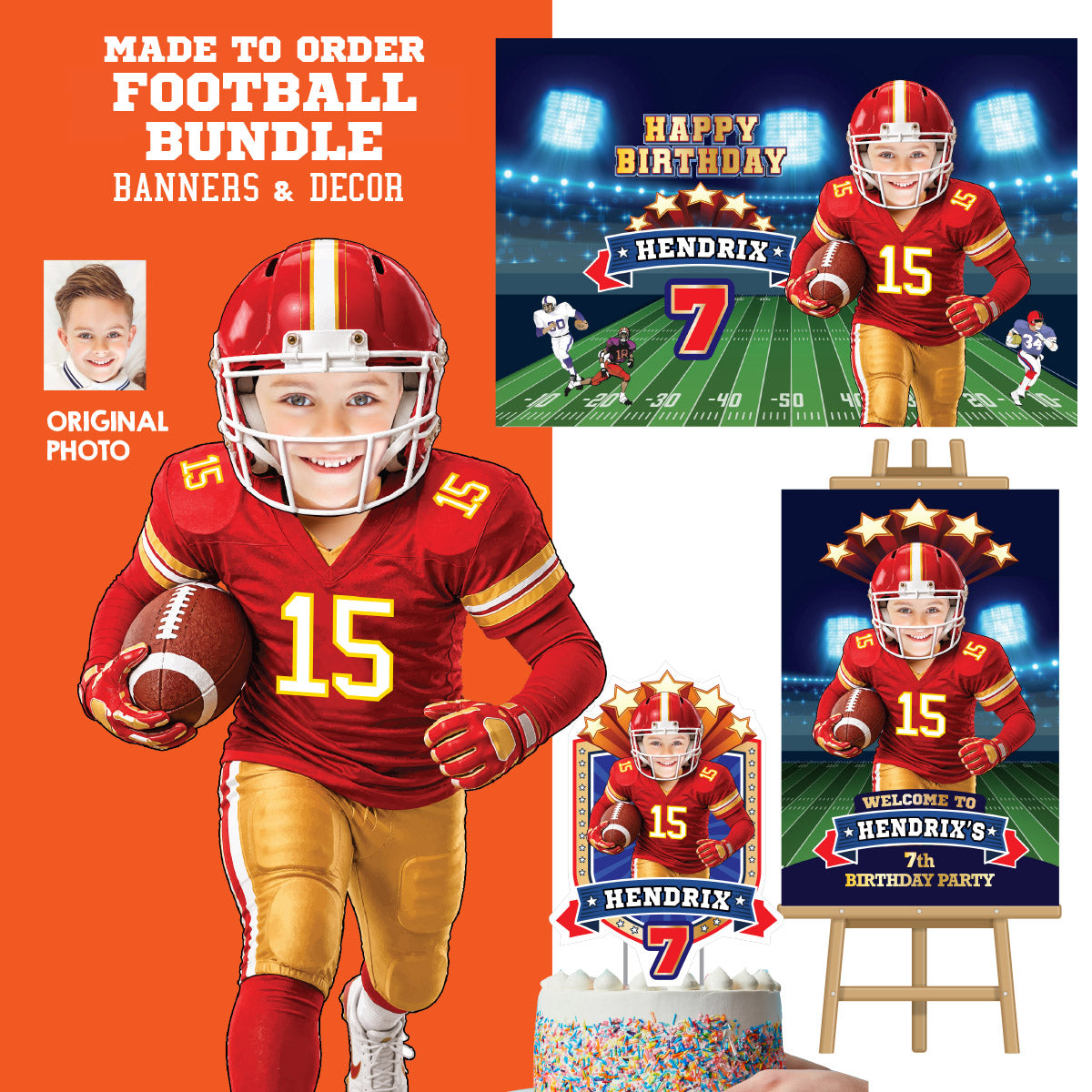 Bundle: Football Chiefs Birthday Decor, Banner, Welcome Sign & Cake Topper Featuring Kid as the Star. 2499B4