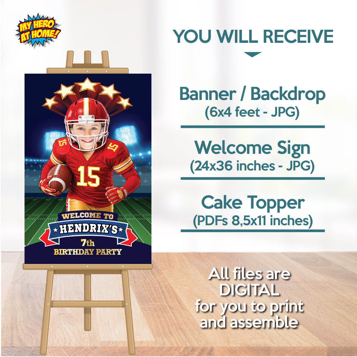 Bundle: Football Chiefs Birthday Decor, Banner, Welcome Sign & Cake Topper Featuring Kid as the Star. 2499B4