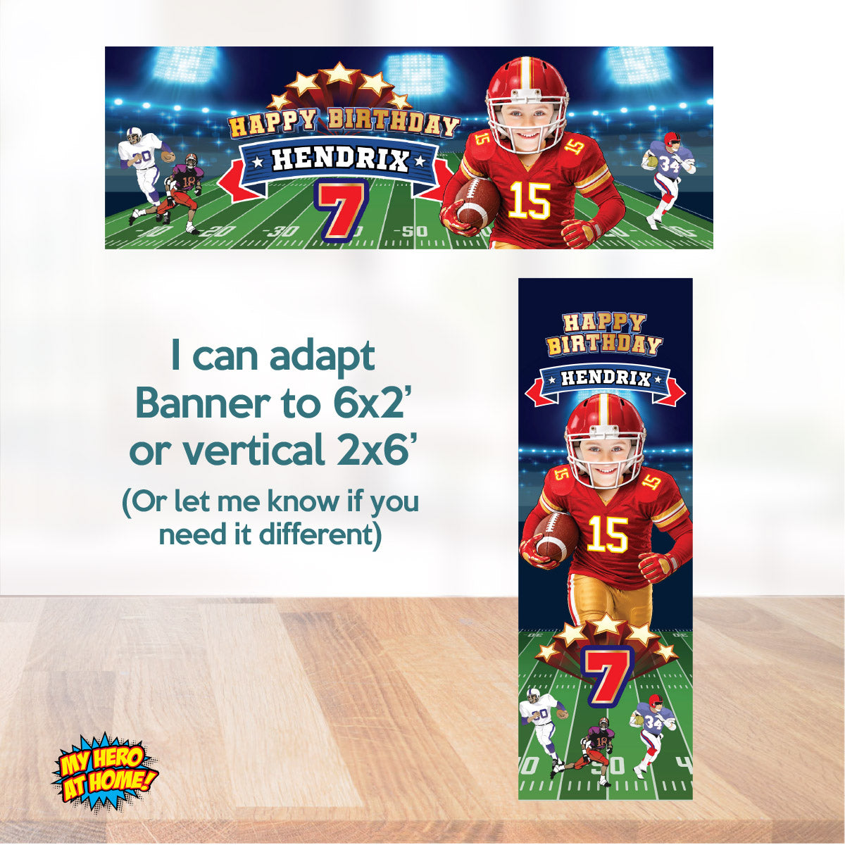 Bundle: Football Chiefs Birthday Decor, Banner, Welcome Sign & Cake Topper Featuring Kid as the Star. 2499B4