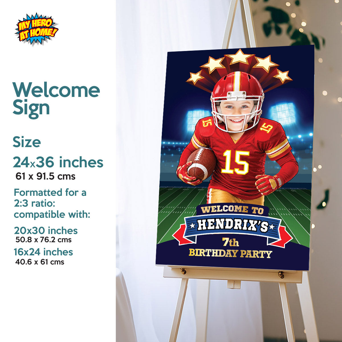 Bundle: Football Chiefs Birthday Decor, Banner, Welcome Sign & Cake Topper Featuring Kid as the Star. 2499B4