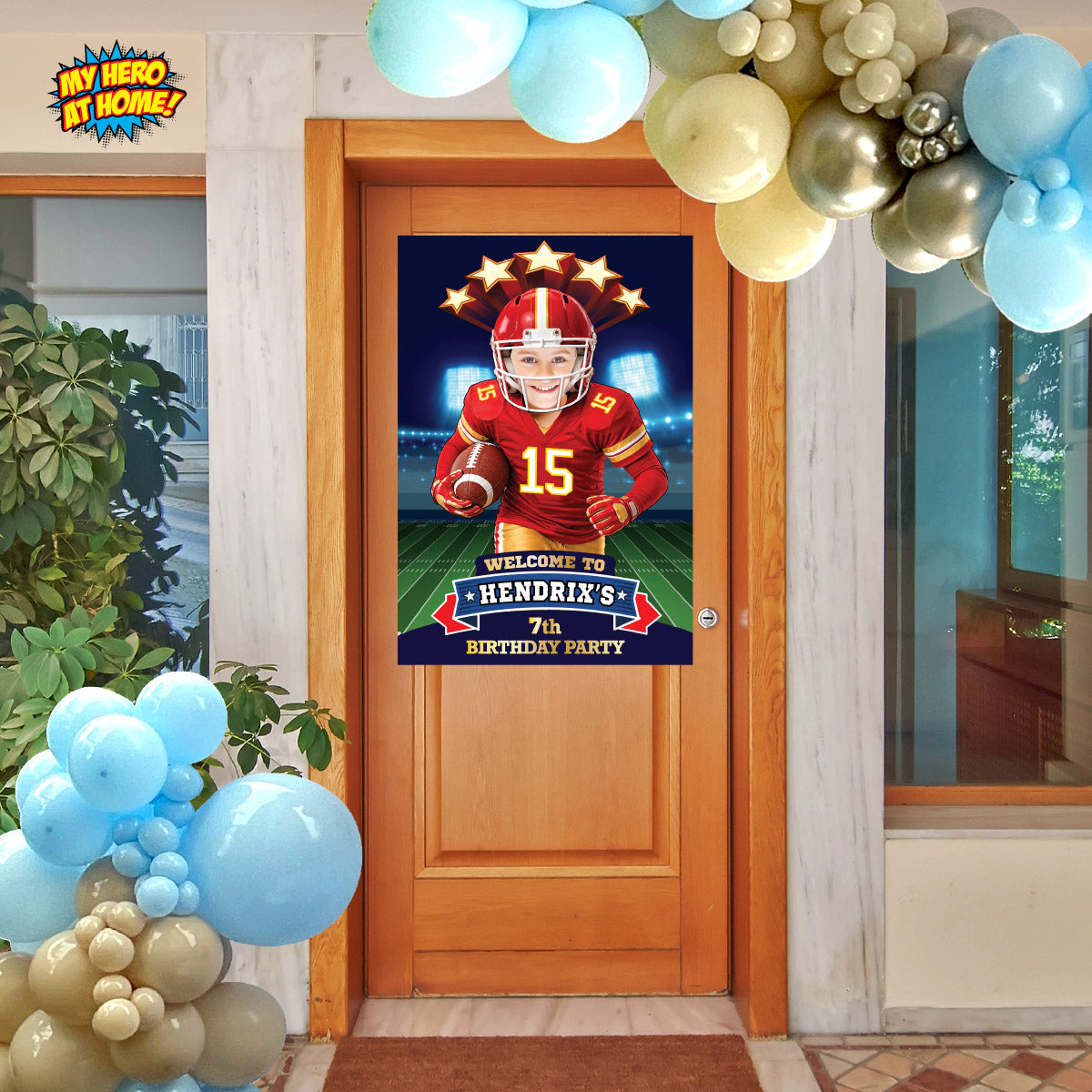 Bundle: Football Chiefs Birthday Decor, Banner, Welcome Sign & Cake Topper Featuring Kid as the Star. 2499B4
