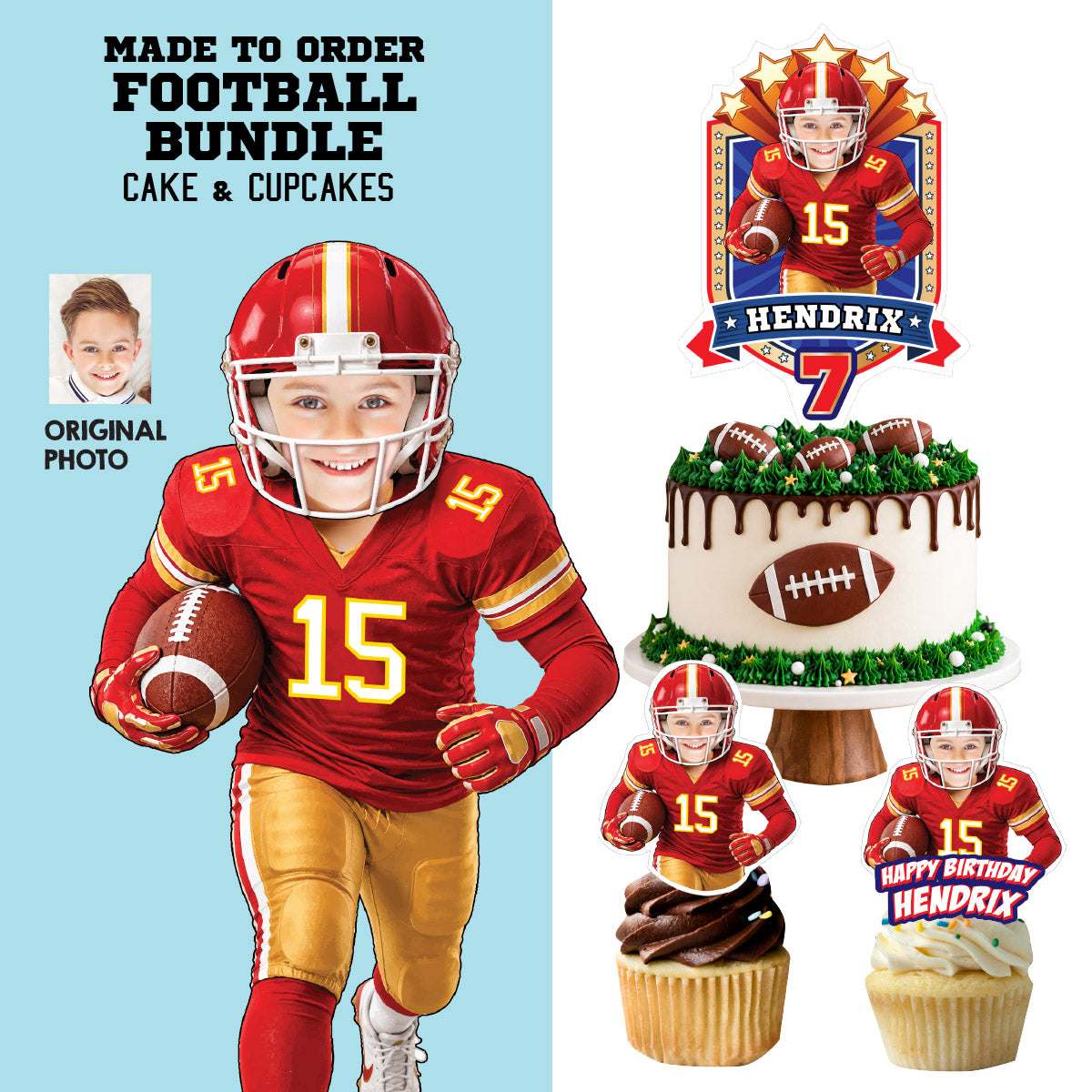 Bundle: Football Birthday Cake & Cupcake Toppers Featuring Kid as the Chiefs Player. 2499B5