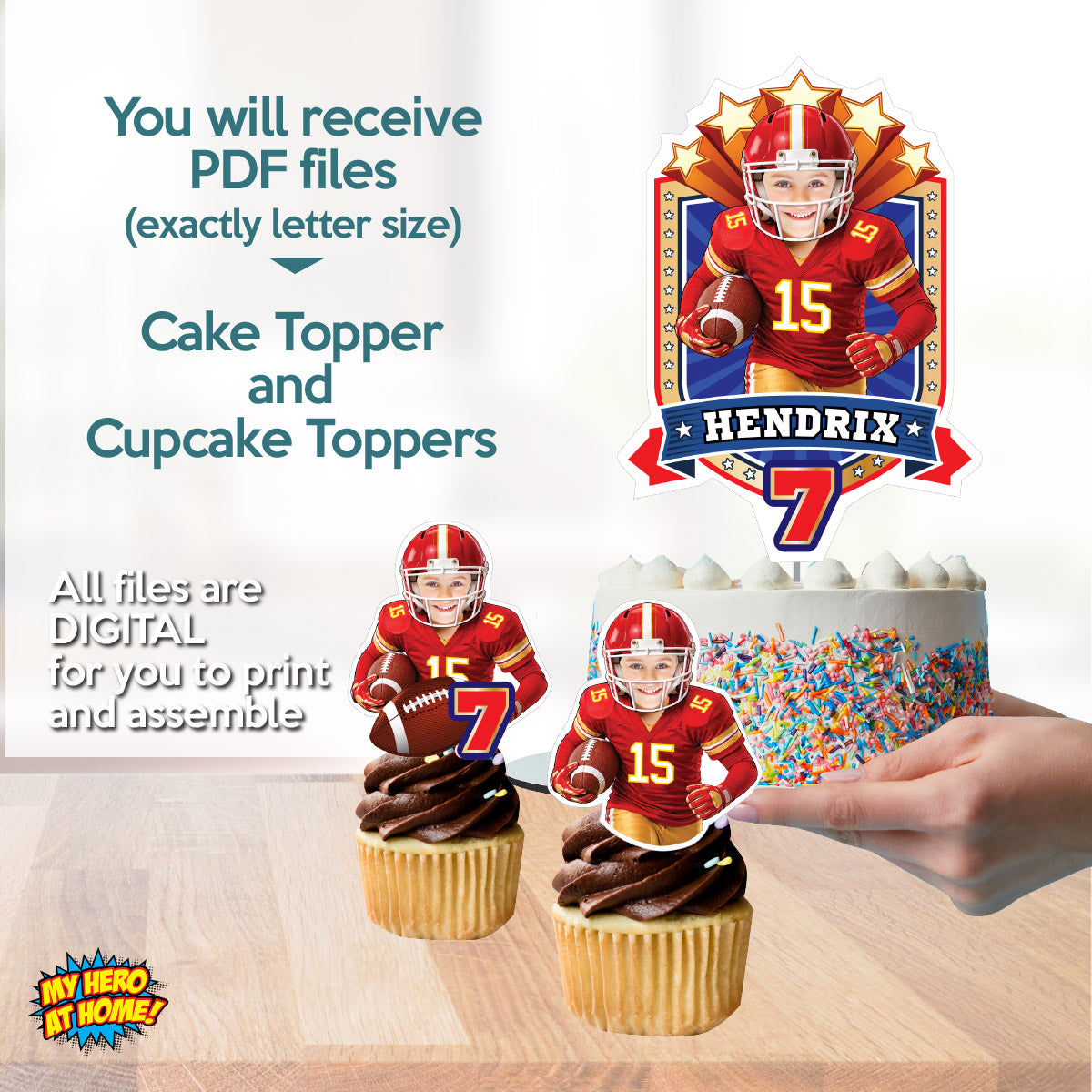 Bundle: Football Birthday Cake & Cupcake Toppers Featuring Kid as the Chiefs Player. 2499B5
