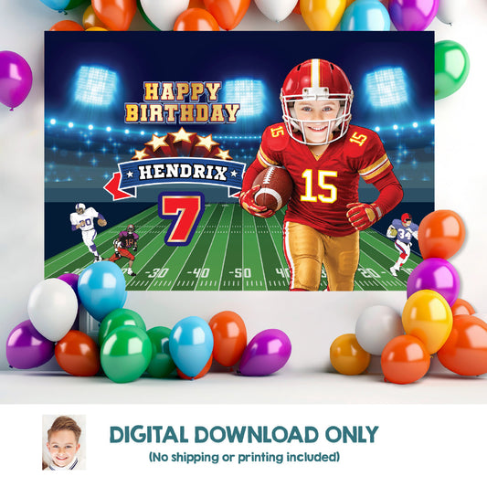 Personalized Kansas City Football Party banner with photo, Chiefs Birthday Backdrop. 2499BB