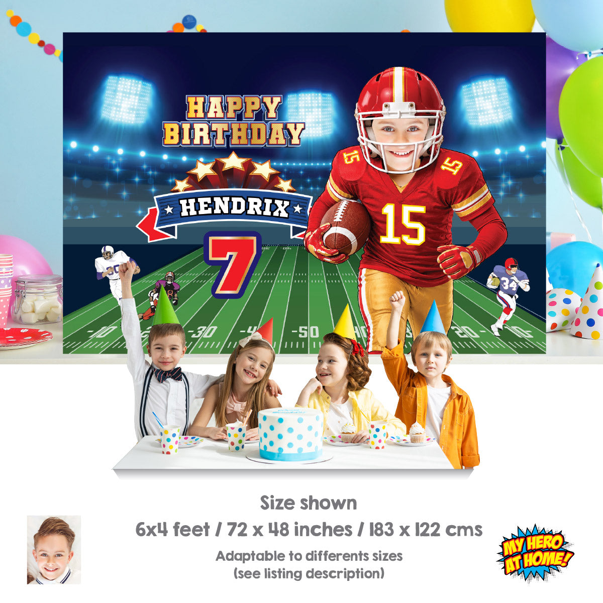 Personalized Kansas City Football Party banner with photo, Chiefs Birthday Backdrop. 2499BB