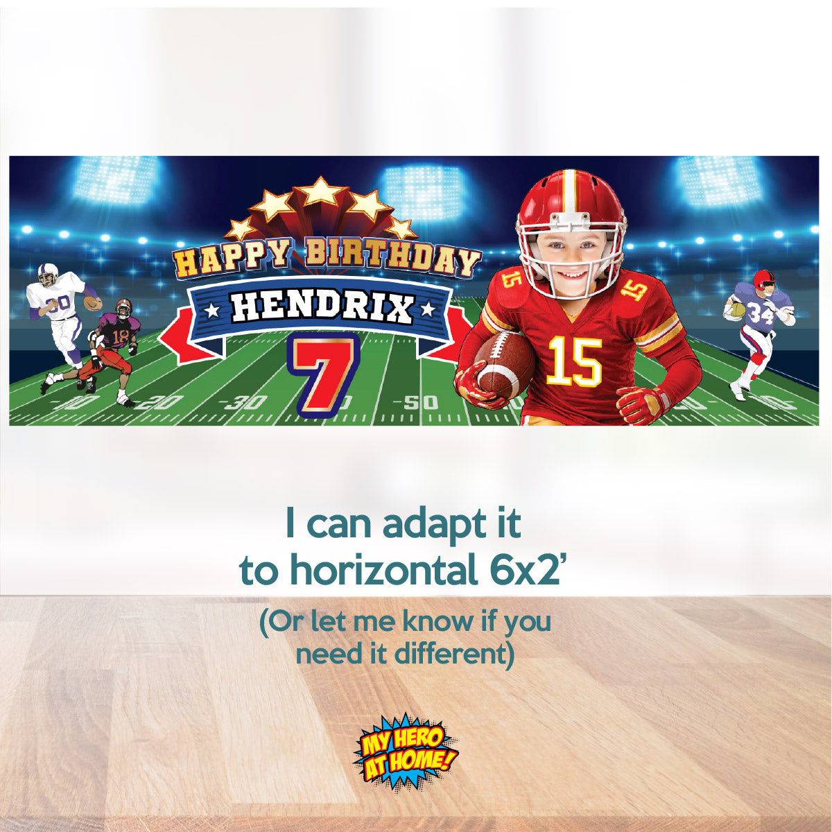 Portrait Football Chiefs banner with birthday kid as the Quarterback (Vertical 2x6’). 2499BBV