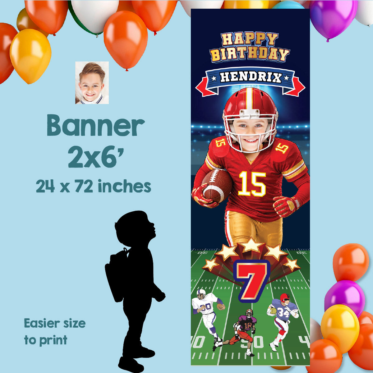 Portrait Football Chiefs banner with birthday kid as the Quarterback (Vertical 2x6’). 2499BBV